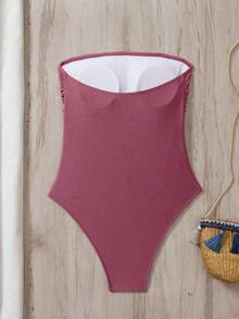 Swim Chiccia 女士纯色褶皱抹胸连体泳衣，沙滩夏季服装 - 紫色 - 查看 5