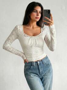 Almamuse Áo kiểu ren tay dài cổ nơ ruy băng dành cho nữ, cổ vuông. - Màu be - Xem 2