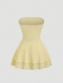 Sweetra Spring/Summer French Romantic Ruffle Hem Cropped Dress, Sleeveless Waist Cinched Layered Skirt, Yellow - Yellow - View 2