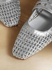Rosivie Zapatos de mujer con punta cuadrada pequeña, suela plana, plateados, tejidos a mano, cómodos, transpirables, con correa elástica, de moda y versátiles, zapatos planos tipo Mary Jane para vacaciones y salidas de mujer - Plata trenzada - Ver 5