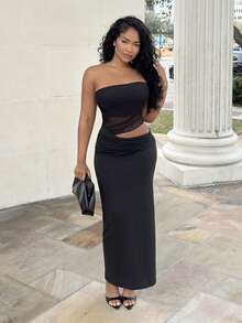 Alexandranx 黑色性感吊带网纱褶皱拼接镂空腰部连衣裙，适合约会和聚会 - 黑色 - 查看 1