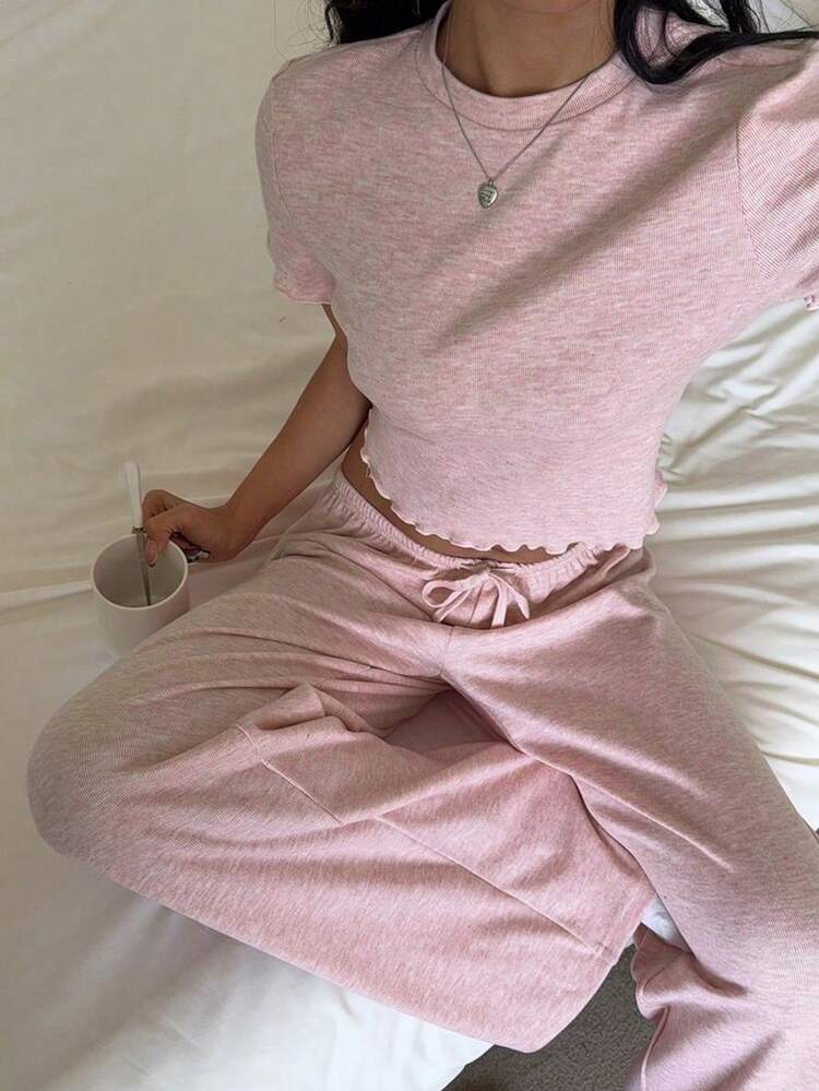 2pcs Women Solid Color Round Neck Short Sleeve Frill Trim Casual Comfortable Set, Summer