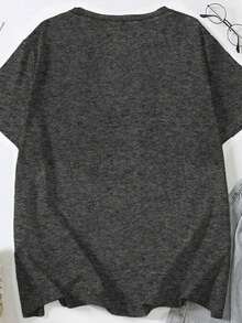 SHEIN LUNE 女士休闲标语字母图案夏季圆领T恤，图案T恤，女士上衣，穿着舒适 - 深灰色 - 查看 2