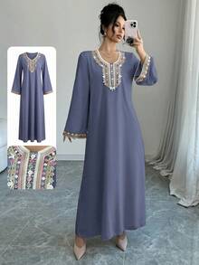 Al Najma Đầm dài tay cổ chữ V dáng rộng in họa tiết kiểu Ả Rập dành cho nữ - Màu xanh bụi bặm - Xem 3