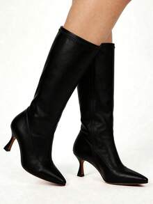 Glitzique 2025秋冬韩版简约过膝长靴，弹性面料，绒面质感，修身廓形，侧拉链，尖头高跟，猫跟 - 黑色 - 查看 12