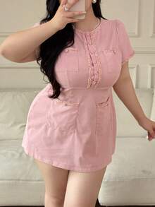 Vibekara 大码女式粉色圆领短袖纽扣设计多口袋优雅连衣裙 - 粉色 - 查看 6