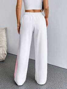 SHEIN PETITE Women's White Striped Knitted Sweatpants Extra Long Straight Leg Pink Side Stripe Loose Fit Casual Track Pants For Everyday Wear White Beach Pants White Wide Leg Pants Women Wide Pants Wide Leg Summer Pants Pants Women White Track Pants Women - White - View 2