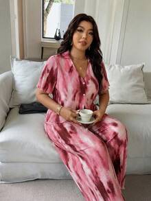 Vionelle 大码女式扎染单排扣短袖上衣和阔腿裤休闲两件套，最新款女式度假装，女士夏季休闲套装，长款休闲连衣裙 - 粉色 - 查看 3