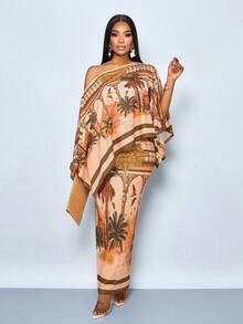 SOLERSUN Sexy And Elegant Women's Beach Vacation Spring/Summer Two Pieces Set With Off-Shoulder Skirt And Top, Featuring Artistic Print. Tropical Beach Kimono Caftan Dress Kaftans For Women Palm Tree Dress Kimono Cover Up - Brown - View 6
