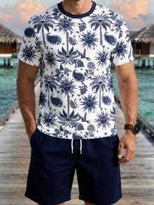 Manfinity RSRT 男士休闲度假印花短袖T恤套装 - 彩色 - 查看 1