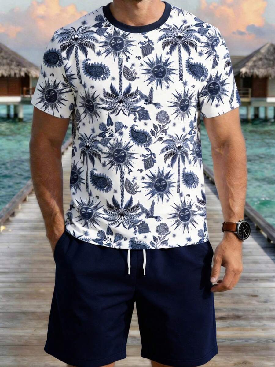 Manfinity RSRT 男士休闲度假印花短袖T恤套装 - 彩色 - 查看 1