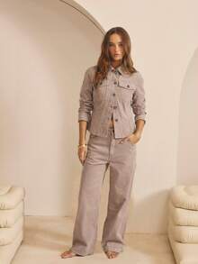 Aralina Áo khoác denim thắt eo mùa đông/hè - Bụi hồng - Xem 4