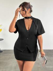 Firerie Plus Size Summer Simple Front Button Short Sleeve Suit Jacket Business Casual Women Plus Size Business Casual Women With Beautiful Curves Fall/Winter - Black - View 7