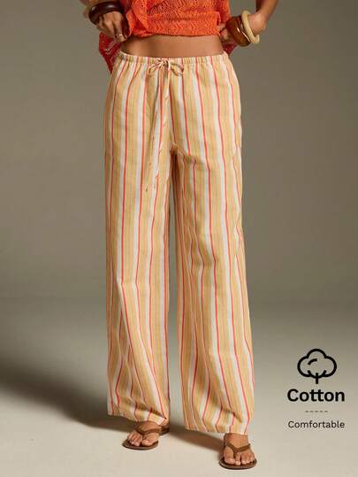 Athîral 女士系带腰条纹阔腿宽松休闲裤