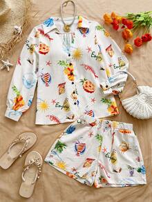 Soleia Women's Pineapple Print Long Sleeve Shirt And Shorts 2 Pieces Set - Multicolor - View 5