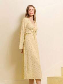 lacRébo Black Floral Print V-Neck Tie-Front Midi Dress With Ruffled Details And Long Sleeves - Pale Yellow - View 4