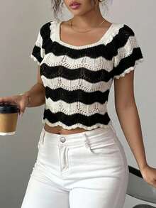 EURMUSE Women Crochet Knit Top With  Half Sleeve - Black and White - View 3