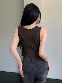 Celisse Solid Color Ribbed Wrap Sleeveless Fitted Knit Top - Coffee Brown - View 2