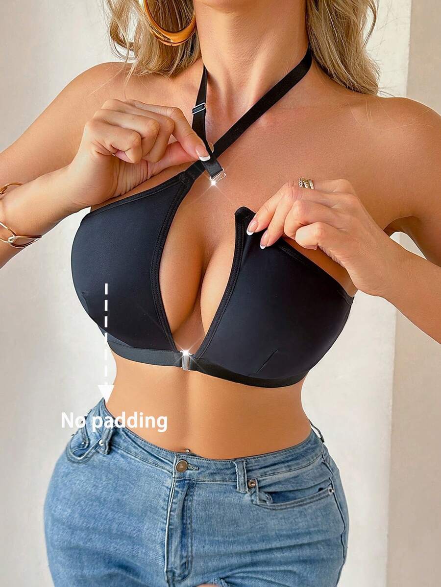 SHEIN Áo ngực hở lưng gợi cảm màu trơn cho nữ có móc chéo phía trước - màu đen - Xem 1