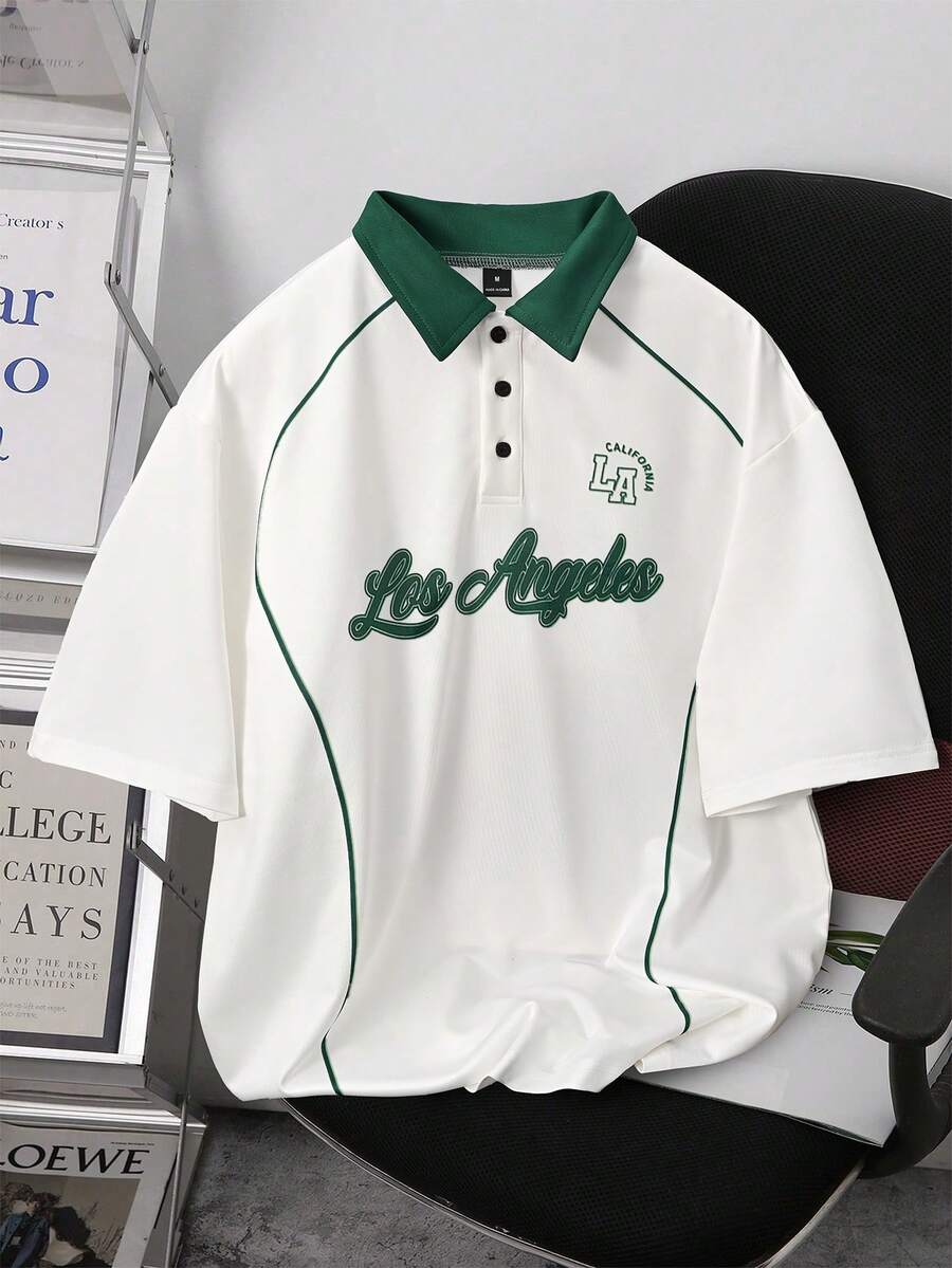 Manfinity Hypemode 男士字母印花短袖休闲通勤 Polo 衫,男士夏季服装,青少年服装,翻领短袖纽扣撞色 Polo 衫,“洛杉矶”印花,日常休闲,适合外出,送给男友的绝佳礼物,返校季,学院风,常春藤风格 - 彩色 - 查看 1