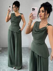 Elenzga 女士不对称金属扣吊带背心和高腰修身休闲裤两件套，优雅休闲度假春夏装扮 - 綠色 - 查看 1