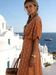 SHEIN Holidaya Đầm nữ in hoa cổ chữ V tay cánh dơi kiểu dáng thường ngày - Màu nâu tối - Xem 5