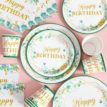 Leaves & Gold Rim Happy Birthday Disposable Plates, Napkins And Cups Set, Serves 20 Guests. This Disposable Party Set (Including Plates, Napkins And Cups) Is Perfect For Birthday Parties, Weddings And Family Picnics. - View 3