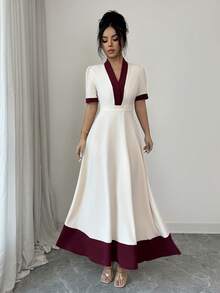 SHEIN Raffinéa Đầm nữ màu be phối nhiều mảng màu, đầm cổ chữ V phối màu kiểu Pháp thanh lịch, đầm cổ chữ V phối màu công sở thanh lịch, đầm phối màu đỏ tía thanh lịch công sở - Màu be - Xem 4