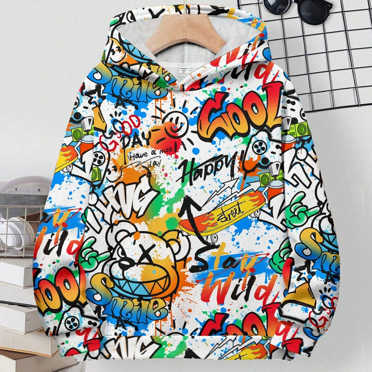 Sudadera holgada y cómoda de manga larga con estampado de color block y graffiti en estilo hip-hop clásico, adecuada para otoño/invierno, para niñ