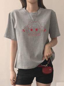 DAZY Women's Letter & Cartoon Print Round Neck Short Sleeve Casual T-Shirt - Grey - View 2