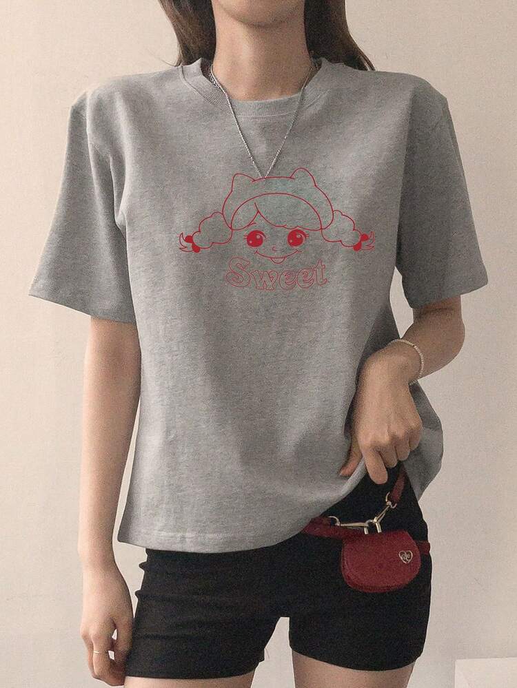 Women's Letter & Cartoon Print Round Neck Short Sleeve Casual T-Shirt Summer