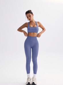 Easithlete Easithlete 两件套女士纯色后系带吊带背心和紧身裤运动套装，休闲运动健身服，适合中国新年瑜伽服/瑜伽服 - Bold Plum - 查看 5
