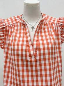 Linhara Blusa de cuello en V con pliegues y mangas cortas, a cuadros, para mujer de talla grande, de verano - Naranja - Ver 3