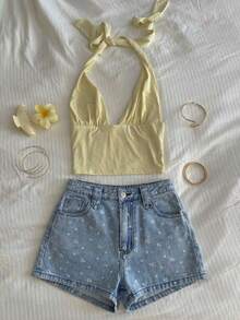 Rivivi Fashionable Casual Printed Washed Denim Shorts - Light Wash - View 7