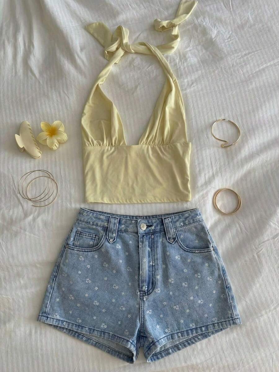 Rivivi 时尚休闲印花水洗牛仔短裤 - 淺色水洗藍 - 查看 1