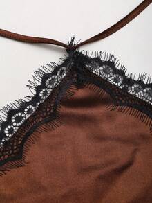 Sweetra Women's Lace Patchwork Halter Tie Waist Fashionable Date Mini Dress - Coffee Brown - View 7