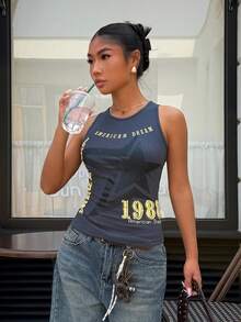 Muchica Deep Navy Knit Women's Tight-Fitting Printed Camisole,,Summer Outfit For Women,Going Out - Grey - View 4