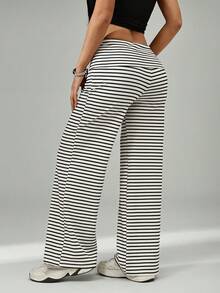 SHEIN PETITE Apricot Striped Knit Women's Trousers - Black and White - View 2