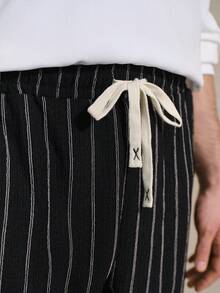Courvante 男士夏季休闲日常通勤条纹印花抽绳腰斜插口袋宽松短裤网球运动款，黑色针织面料，父亲节礼物，前开襟纽扣，送给男友，男士服装 - 黑色 - 查看 6