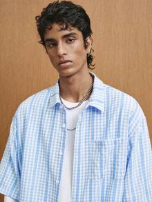 TOKVUE Blue And White Striped Gingham Mixed Cropped Shirt,Textured Oversized Boxy Cut Summer Streetwear,Vacation Essential For Men - Blue - View 4