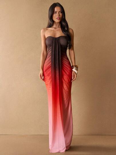 SHEIN BAE Đầm maxi buộc eo cổ yếm phối màu ombre, đầm nghỉ mát thanh lịch phù hợp cho kỳ nghỉ biển, đi làm hàng ngày, gặp gỡ bạn bè, lễ hội âm nhạc, tiệc bãi biển, tụ họp cuối tuần, tiệc sinh nhật, hẹn hò lãng mạn, đầm maxi họa tiết cam.