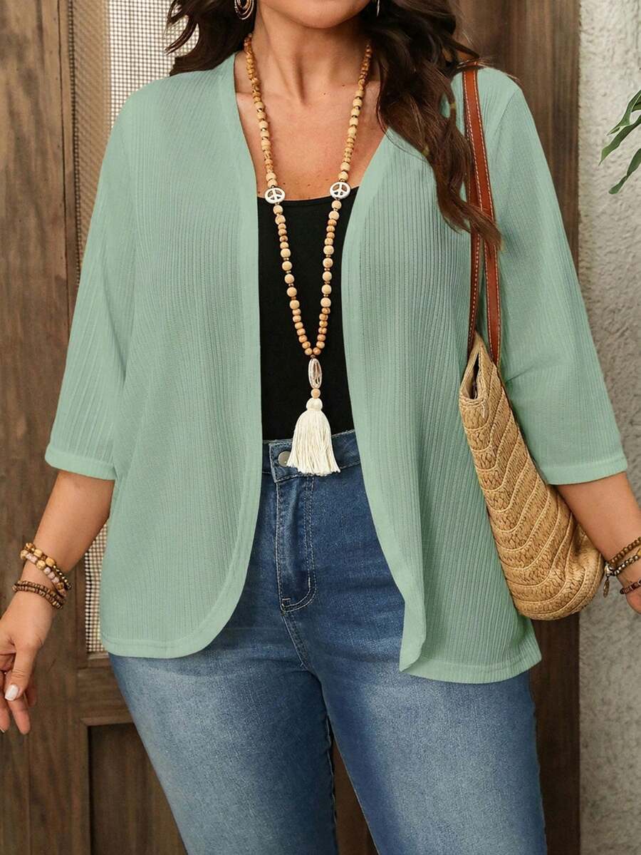 Áo khoác cardigan tay lửng màu trắng họa tiết jacquard dành cho nữ cỡ lớn, thích hợp mặc đi biển, đi nghỉ mát, trang phục mùa xuân và mùa hè cho nữ. - màu xanh lá - Xem 1