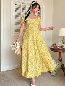 Celure 女士优雅碎花连衣裙,方领、泡泡袖、收腰设计、荷叶边下摆,时尚百搭,适合花园派对、春夏法式风格连衣裙、黄色碎花连衣裙、田园风连衣裙、贝儿连衣裙、女士黄色连衣裙、女士复活节连衣裙、女士连衣裙 - 黃色 - 查看 7