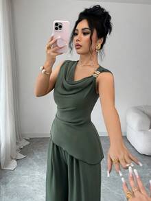 Elenzga 女士不对称金属扣吊带背心和高腰修身休闲裤两件套，优雅休闲度假春夏装扮 - 綠色 - 查看 6