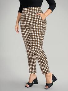 Comfylo Plus Size Houndstooth Print High Waist Slim Fit Pants - Brown - View 3