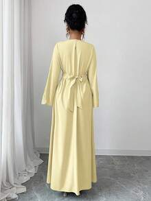 Rafferiza Bata de mujer de manga larga con cuello en V y volantes en el bajo, bata turca, bata árabe - Amarillo claro - Ver 2
