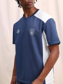 SUMWON Men Color Block Crew Neck Short Sleeve T-Shirt And Matching Athletic Shorts Two Piece Coord Set With Contrast Side Panels - Blue - View 6