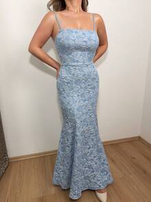 Jeta Ari 时尚无袖交叉带蓝色花卉纹理缎面派对连衣裙，适合多种场合 - 淺藍色 - 查看 3