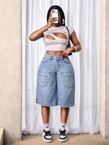 Slaydiva 女士宽松休闲阔腿牛仔裤，带数字图案口袋 - 淺色水洗藍 - 查看 7