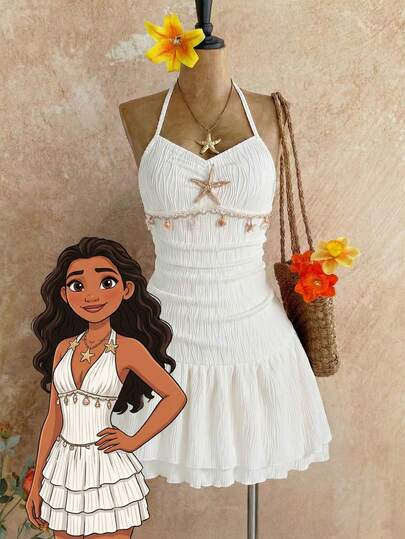 Sparklyn Tween Girls' Vacation Casual Starfish Pendant Decor Sleeveless Dress